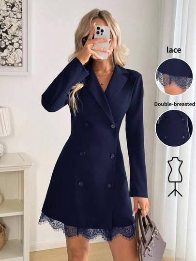 Easowa فستان نسائي قصير بأكمام طويلة على طراز البليزر الأسود، ذو إغلاق مزدوج، بتشطيب من الدانتيل على الحافة، مناسب للمكتب والتنقل