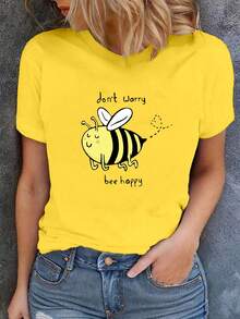 EMERY ROSE Plus Size Women's Short Sleeve T-Shirt With Slogan & Bee Print Design Graphic Tees Women Tops - Yellow - View 1