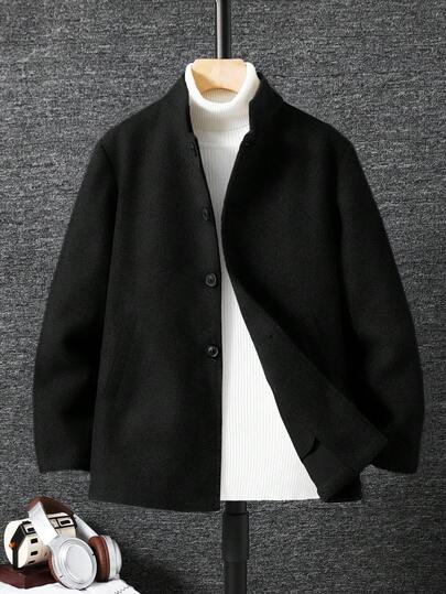 SHEIN 儿童/青少年男童休闲立领拉链长袖羊毛混纺冬季派克大衣，适合通勤、上学、休闲、旅行、运动、秋冬季穿着，黑色