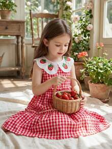 Vintaside Kids Girls' Sleeveless Lace Collar Plaid Casual Dress, Suitable For Traveling, Vacation, Camping Or Daily Outings - Red - View 1