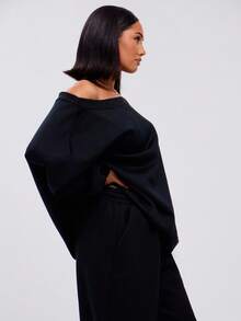 MUSERA 宽松不对称领口卫衣长袖上衣，休闲舒适，适合返校季、冬季穿着，舒适可爱，日常百搭，打造Y2K街头风春季造型 - 黑色 - 查看 2