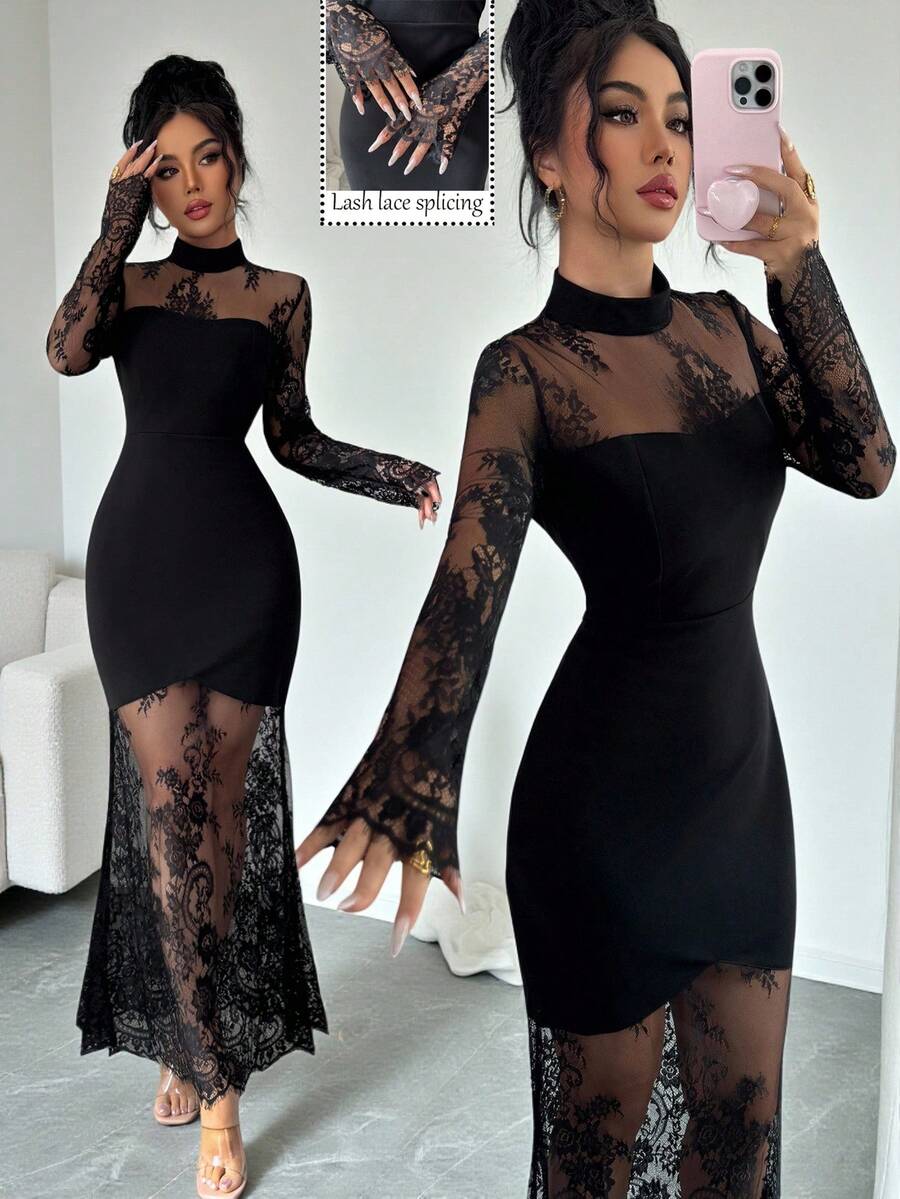 Elenzga 新款优雅性感蕾丝镂空长袖连衣裙，收腰修身高端弹力美人鱼正式礼服 - 黑色 - 查看 1