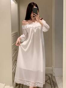 DAZY Áo ngủ dáng rộng hở vai phối ren cho nữ - trắng - Xem 3