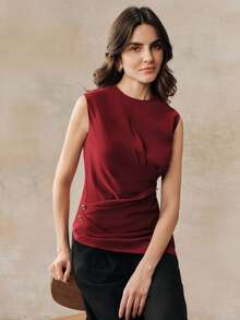 2026 Top sin mangas de mujer con cuello redondo y bajo asimétrico, de estilo casual en color rojo vino vintage - Burdeos - Ver 4