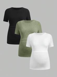 SHEIN Maternity & Nursing Casual Ribbed Crew Neck Short Sleeve Top, Summer - Green - View 17
