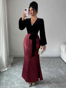 SHEIN Raffinéa Women's Elegant Black & Gold Color Block V-Neck Belted Velvet Top With Skirt,Suitable For Autumn,Formal Evening Party,Dining,And Holiday Occasions - Red - View 5