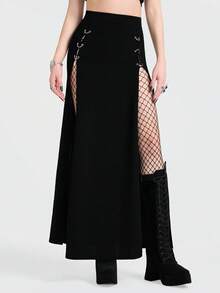 Breakform Bộ đồ nữ gợi cảm phong cách Gothic màu trơn, chất liệu vải dệt kim có lỗ thông hơi, kết hợp với chân váy ôm sát dài đến mắt cá chân, cạp cao co giãn với khoen kim loại màu trơn, xẻ tà cao phía trước. - màu đen - Xem 3