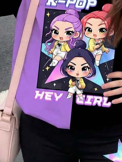 2pcs/Set Tween Girls' Casual Cartoon Print Short Sleeve T-Shirt And Shorts Set, Suitable For Summer