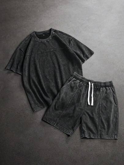 SLATEMANN Men's Round Neck Short Sleeve T-Shirt And Drawstring Waist Pocket Shorts Casual Outfit