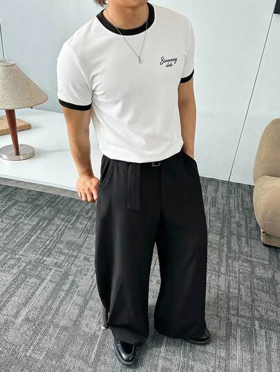 SWAVVY Men's Casual Short Sleeve Round Neck T-Shirt, Contrast Color Graphic Print, White