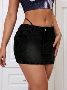 SHEIN ICON Sexy Low Waist Washed Denim Mini Skirt With Pockets - Black - View 6