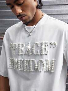 AXEPEAK Men's Casual Faux Pearl Studded Letter Graphic Short Sleeve T-Shirt, Summer - White - View 4