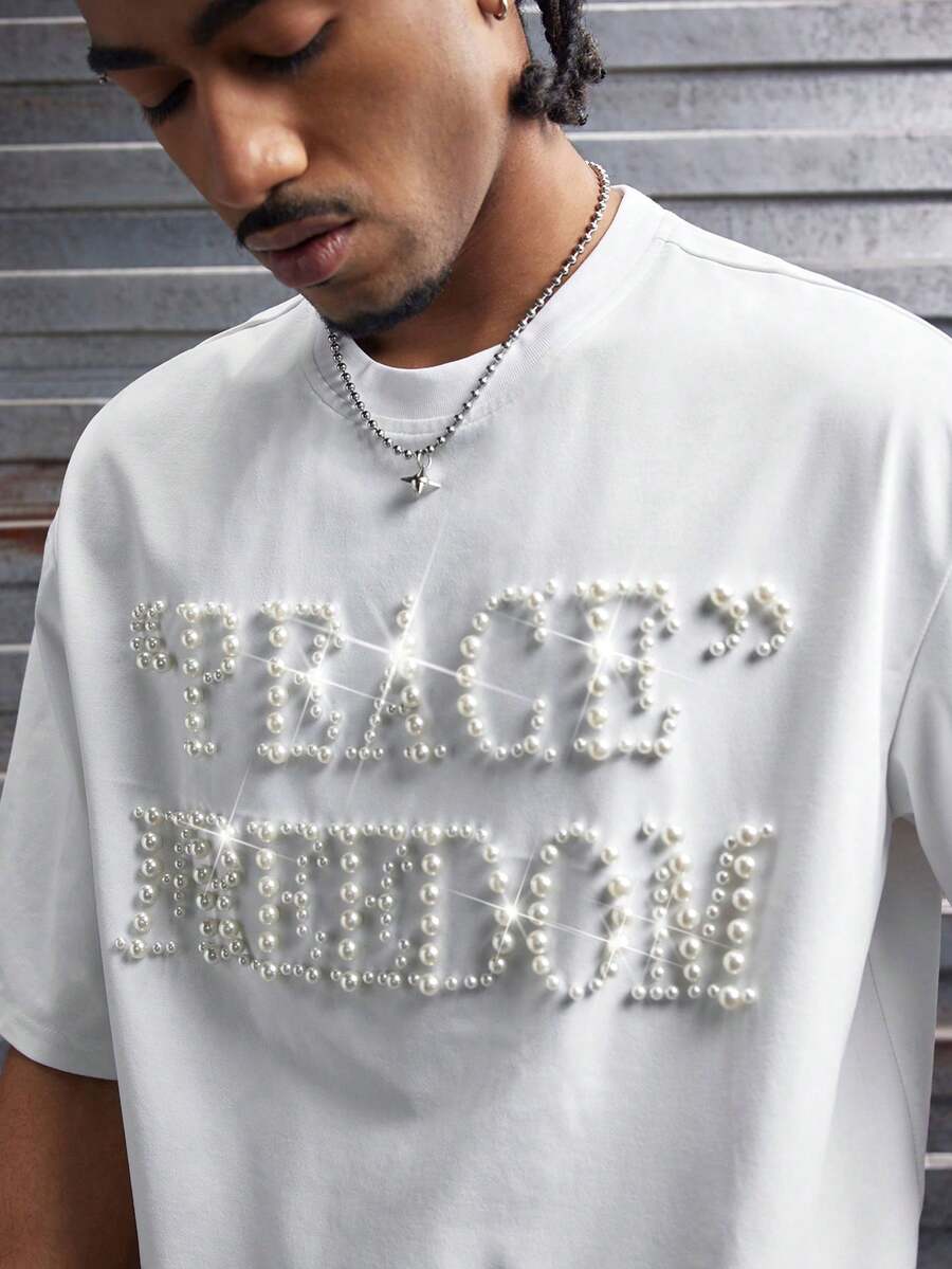 AXEPEAK Men's Casual Faux Pearl Studded Letter Graphic Short Sleeve T-Shirt, Summer - White - View 1