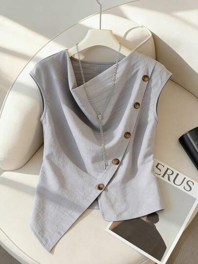 Franclia Women's Elegant And Sexy Outfits For Office, Vacation, Beach, Commuting, Romantic Occasions, Banquets, Parties, Birthday Celebrations, Concerts, Valentine's Day, And Carnivals. Summer Feminine Style Featuring Sleeveless Textured Shirts With A Refined, High-End Silhouette. Slim-Fit With A Slit And Irregular Hem, Available In Solid Blue, Women's Swing-Collar, And Linen Fabric Options.