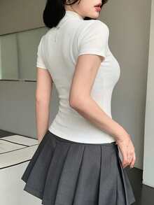 DAZY Áo nữ tay ngắn cổ cao, màu trơn, dáng ôm, nhún bèo, kiểu dáng thường ngày, thích hợp cho mùa hè. - trắng - Xem 5