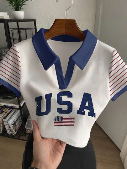 Rovax Women's Casual Striped Letter Print Contrast Trim Polo Collar Short Sleeve Top, Summer