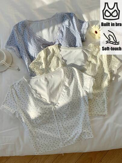 Comfortcana 女士碎花蕾丝边系带短袖T恤