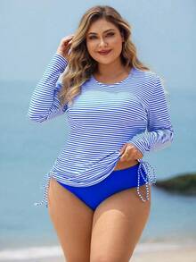Swim Lushoire 两件套加大码女式条纹长袖露脐上衣和高腰泳衣，成熟时尚休闲度假装 - 藍色 - 查看 1