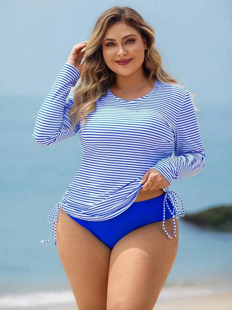 Swim Lushoire 两件套加大码女式条纹长袖露脐上衣和高腰泳衣，成熟时尚休闲度假装 - 藍色 - 查看 1