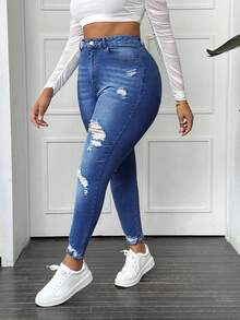 SHEIN SXY Quần jeans dáng suông rách, cỡ lớn - Rửa trung bình - Xem 5