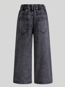 SHEIN Casuvi Kids Quần jeans ống đứng cạp chun đính đá hình trái tim phong cách đường phố trẻ trung dành cho nữ, quần jeans thêu nơ thời trang hàng ngày, quần jeans ống rộng thêu nơ. - màu đen - Xem 2