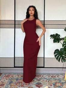 largo de mujer de vestido de escote con estampado de teñido anudado, vestido de verano largo, vestido largo verde maxi para outfit de mujer - Burdeos - Ver 5