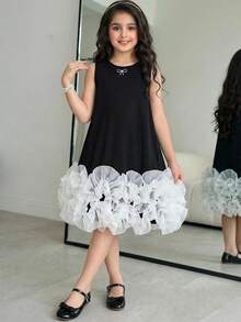 SHEIN Tween Girl Spring/Summer Elegant Glamorous Rhinestone Bow Contrast Color Organza Ruched Exaggerated Ruffle Hem A-Line Tank Dress Princess Dress Flower Girl Dress Wedding Party Dress Black And White KIDS - Black - View 4