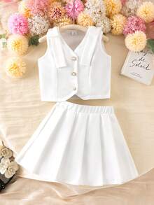 Elladie kids 2件套幼儿及少女白色无袖上衣和配套半裙套装，无袖上衣饰有纽扣，尽显精致优雅；百褶裙则展现动感时尚，适合春夏休闲、居家、玩耍、派对等场合穿着。 - 白色 - 查看 5