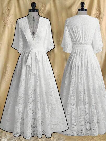 Sweetra Vacation, Elegant, Baggy Pants, Summer Women Outfit, French Sweet And Elegant Elegant Wedding Bride Wedding Dress Lace Embroidered Fabric Deep V-Neck Ruffle Sleeve Waist Slimming Romantic Dress, Women Evening Gown For Date