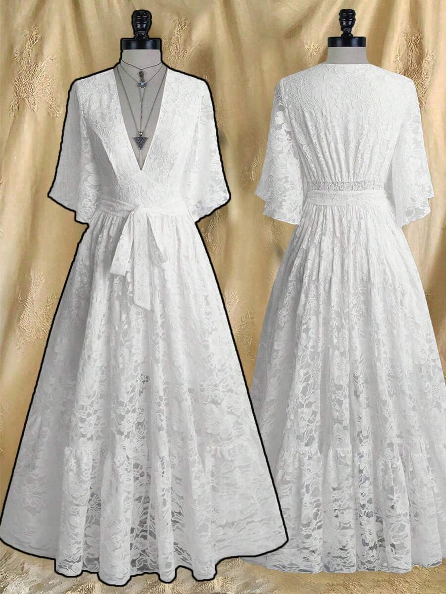 Sweetra 度假风，优雅宽松裤装，夏季女装，法式甜美优雅新娘婚纱，蕾丝刺绣面料，深V领荷叶边袖，收腰显瘦，浪漫连衣裙，女士约会晚礼服 - 白色 - 查看 1
