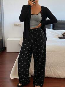 DAZY 女士秋冬睡衣三件套：开衫、无袖吊带衫和长裤 - 黑色 - 查看 4
