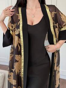 DAZY Elegant Gold Loose Jacquard Knit Cardigan Robe - Black - View 6