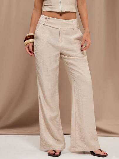 SHEIN BAE Women's Cream Linen Blend Woven Casual Low Waist Pants With Button Pockets, Versatile For Daily, Commute, Casual, Vintage, And Professional Occasions, Spring/Summer