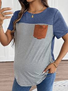 SHEIN Maternity Women's Striped Pocket Short Sleeve T-Shirt - Blue - View 4