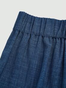 SHEIN Unity Plus Size Women's Elegant Dark Blue,Autumn,Smart Casual,Office Pants,Denim-Effect Linen Fabric,Metal Buckle Decor,High Waisted Pleated Wide Leg Design - Blue - View 6