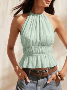 Easelle Women's Mint Green Ruched Spaghetti Strap Tie Back Camisole - Mint Green - View 5