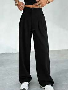SHEIN EZwear Pantalones rectos de pierna ancha con pliegues sueltos de color negro para mujer - Negro - Ver 4