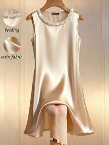 Franclia Women's Pearl Collar Sleeveless Round Neck Fitted A-Line Dress, Satin Dress, Apricot Dress, French Elegant, Suitable For Date, Daily Wear, Valentine's Day, Party, Tea Party - Apricot - View 1