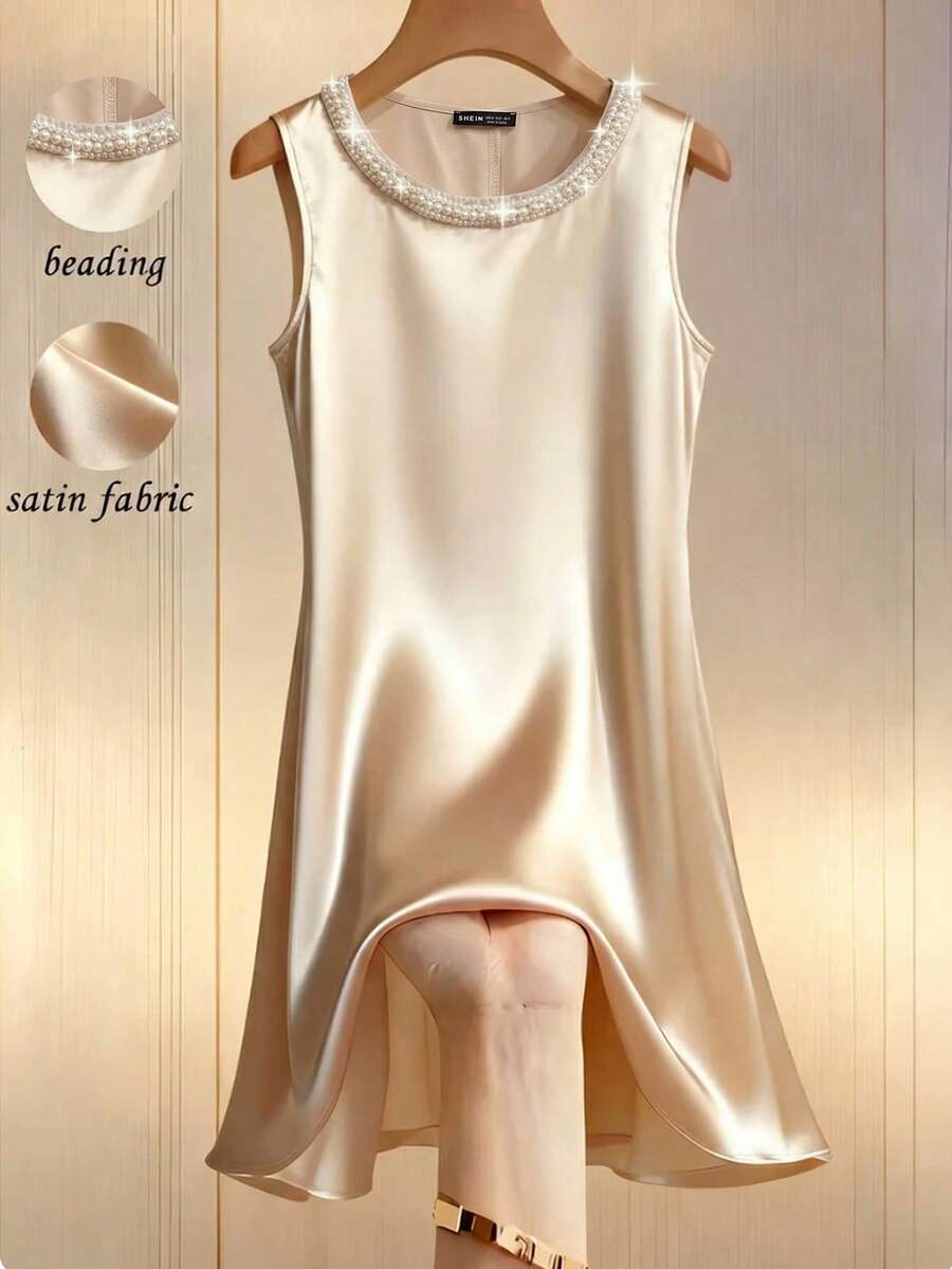 Franclia Women's Pearl Collar Sleeveless Round Neck Fitted A-Line Dress, Satin Dress, Apricot Dress, French Elegant, Suitable For Date, Daily Wear, Valentine's Day, Party, Tea Party - Apricot - View 1