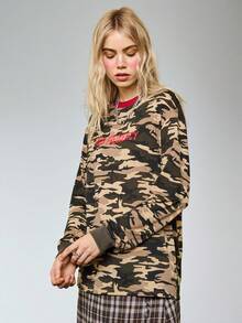 COUREZ Long Sleeve Camo T-Shirt With Front Print /Y2K Long Sleeve Tops Going Out Tops Women Tops Graphic Tees Women Cute Tops Summer Tops Summer Outfits - Army Green - View 7