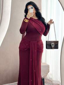 Modelyn Abito elegante da donna in stile francese, con patchwork, volant asimmetrici e maniche lunghe aderenti - Bordò - Visualizzare 4