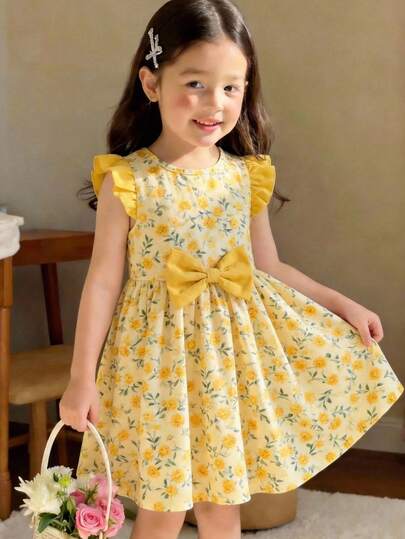 SHEIN Sweet Bow Cartoon Print Long Sleeve Dress, Suitable For Autumn/Winter, Young Girls