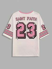 Slaydiva Camiseta de mujer con gráfico de letras y números de estilo minimalista casual, adecuada para el verano - Multicolor - Ver 3