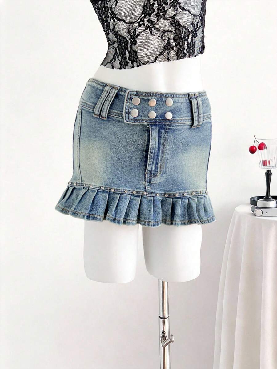 Elamini Women's Fashion Denim Skirt With Button Waist Design And Ruffle Hem - Blue - View 1