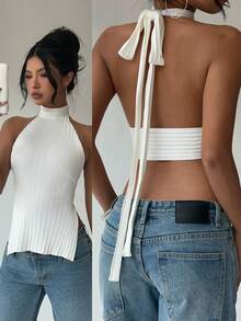 Aloruh Women's Solid Color Halter Tie Backless Fashionable Versatile Date Party Top - White - View 1