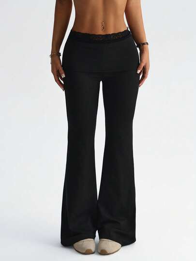 Sovereign Charm Women's Cinched Waist Floral Lace Trim Flare Leg Casual Pants, Suitable For Sports, Daily Wear, Macaron Color