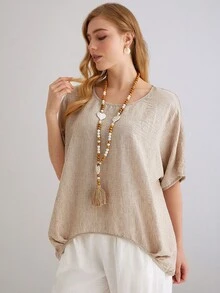 Parysyn 大码梭织休闲宽松夏季衬衫 - 卡其色 - 查看 5