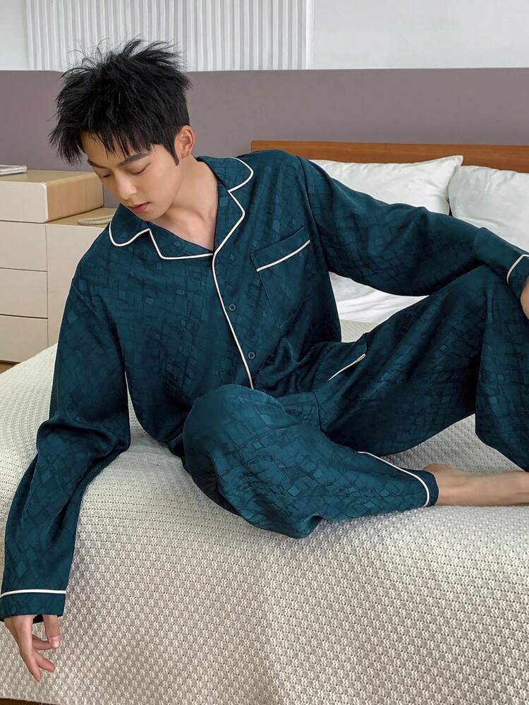 Spring Shirt Paired With Blue Long Sleeve Top And Pants, Men's Casual Homewear Set