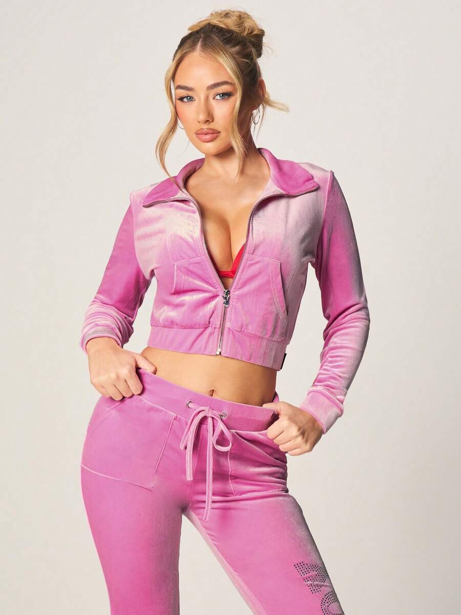 Missguided x Playboy Áo khoác nỉ dài tay ôm sát, dáng lửng, chất liệu nhung màu hồng đậm, đính đá lấp lánh, khóa kéo toàn thân, thiết kế chữ lấp lánh, thích hợp cho phong cách đường phố mùa thu đông. - Bụi hồng - Xem 1