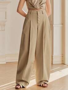 Anewsta Spring Fashionable New Arrival Barrel Leg Pants With Button Closure Design For Women - Khaki - View 6